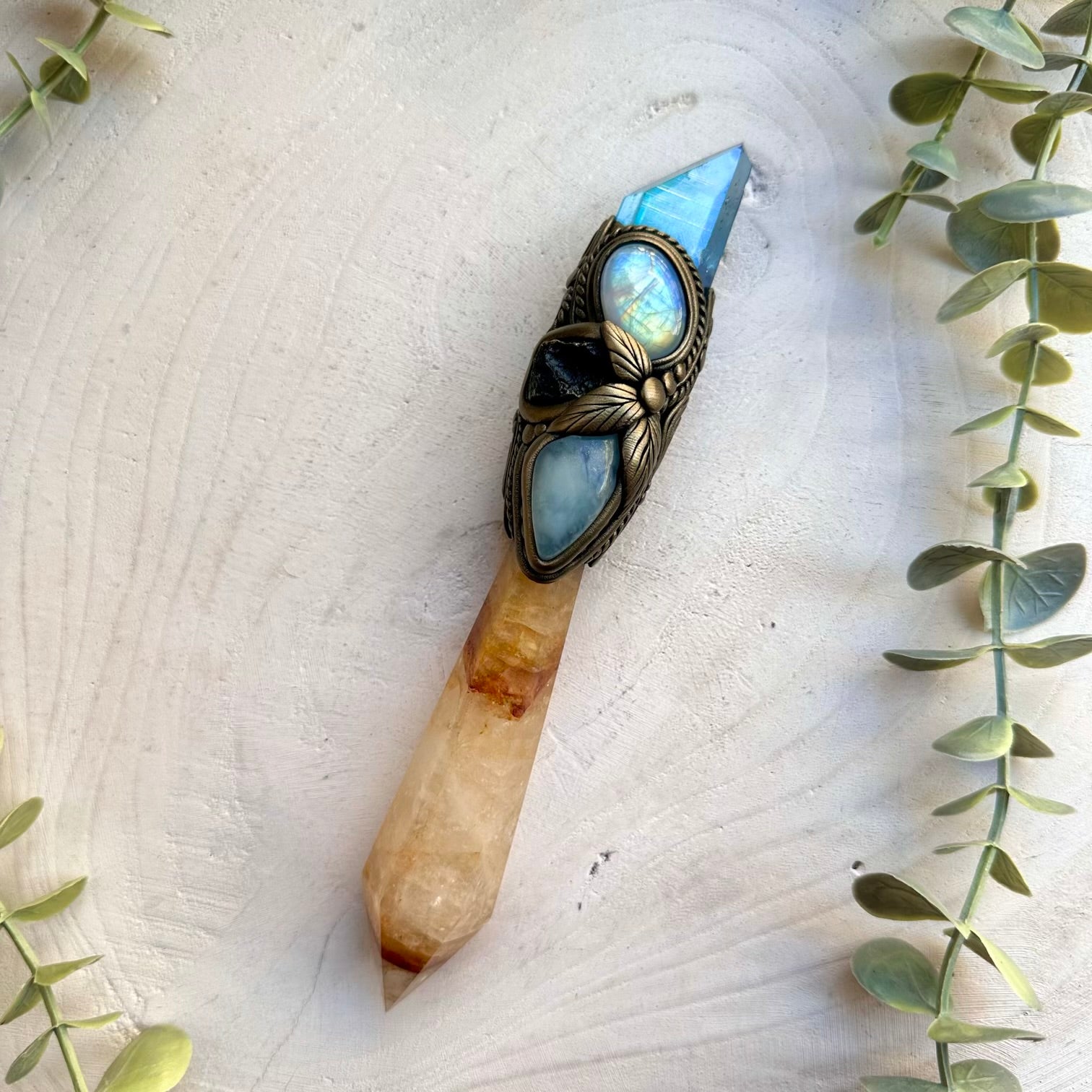 Ritual crystal wand combining golden healer and moldavite