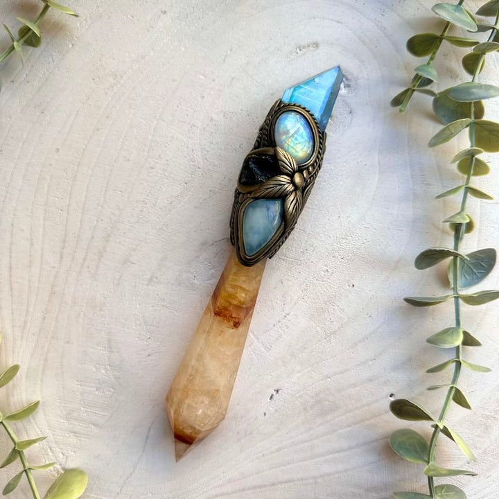 Ritual crystal wand combining golden healer and moldavite