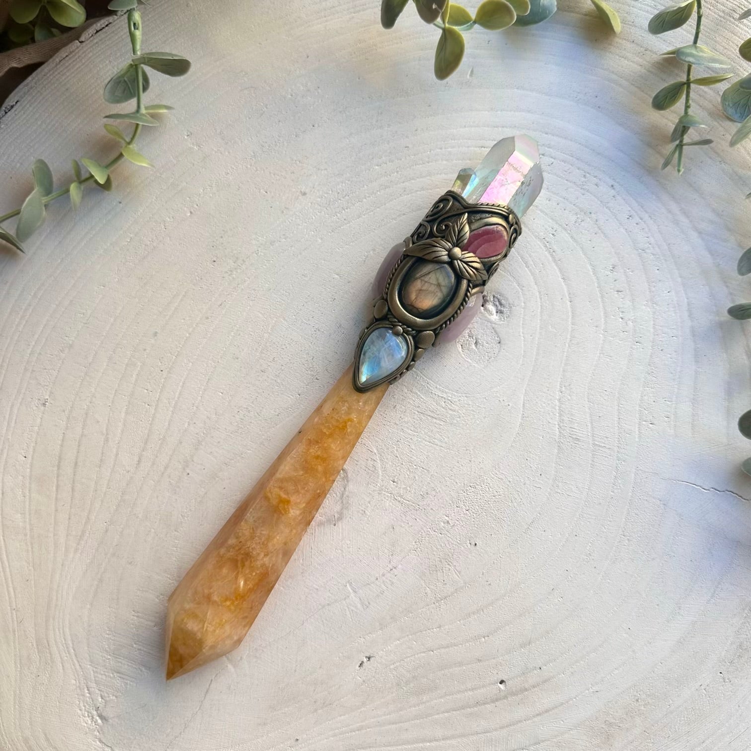 Healing wand combining golden healer rhodochrosite and labradorite