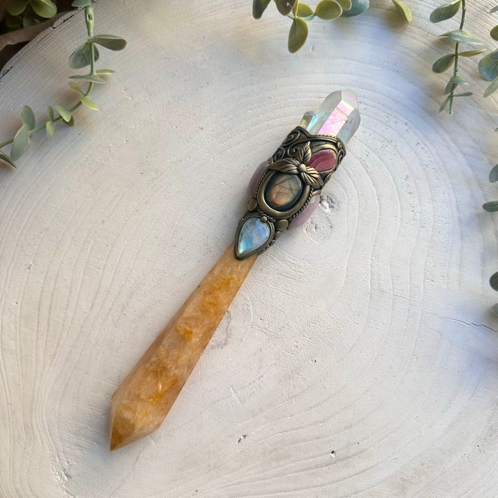Healing wand combining golden healer rhodochrosite and labradorite