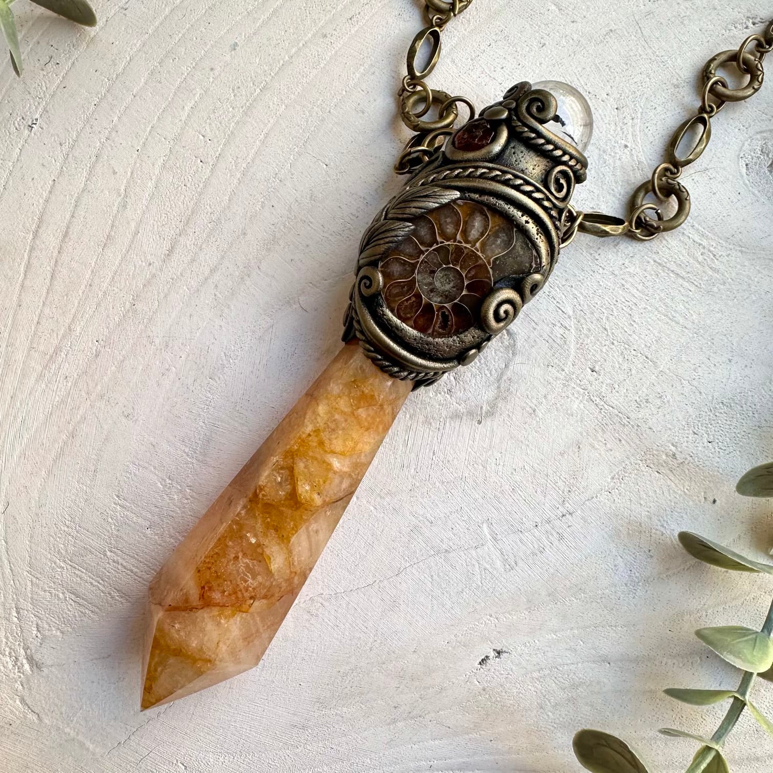 One of a kind golden healer wand with ammonite fossil
