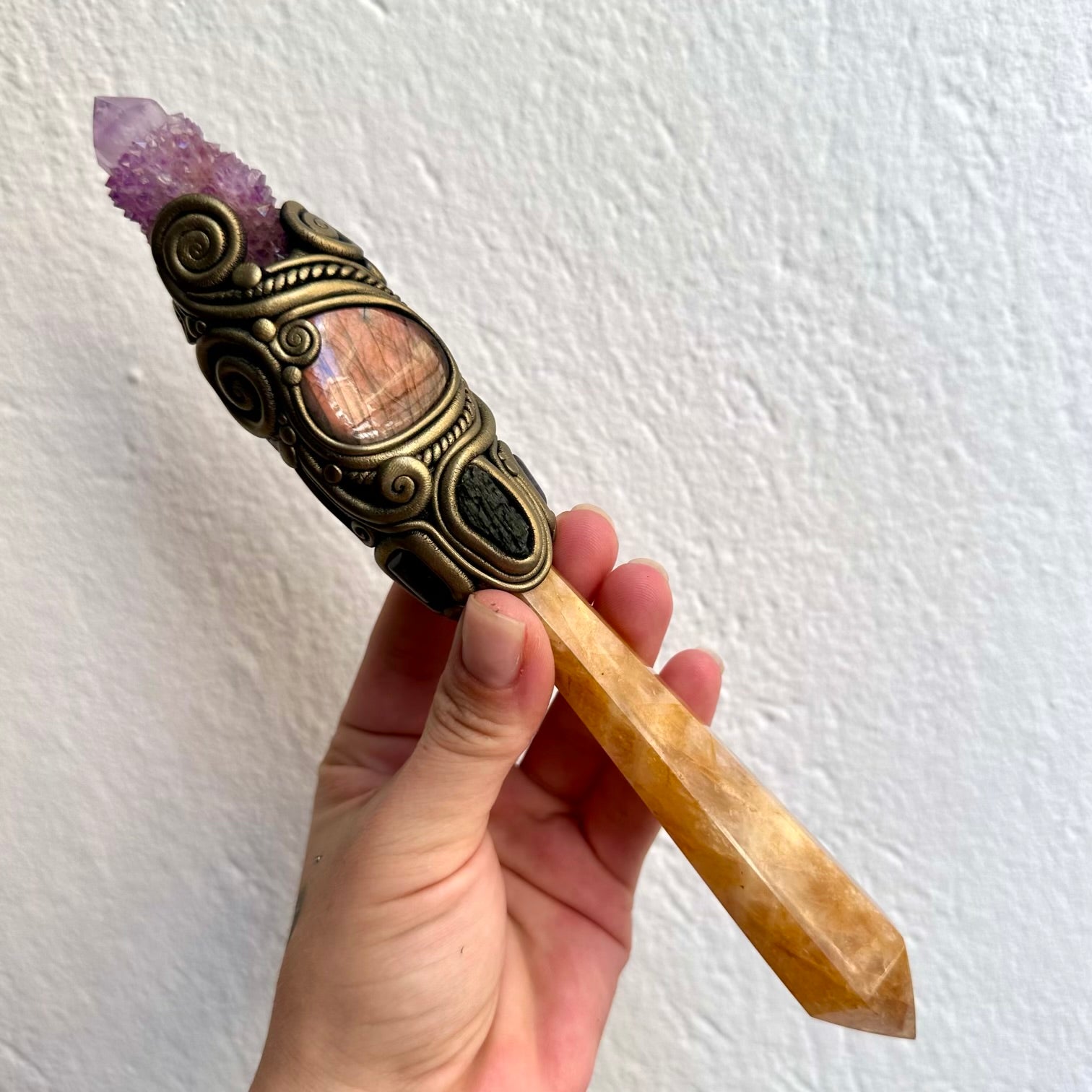 Handmade healing crystal wand with Golden Healer Quartz, Purple Spirit Quartz, Labradorite, Amethyst and Moldavite.