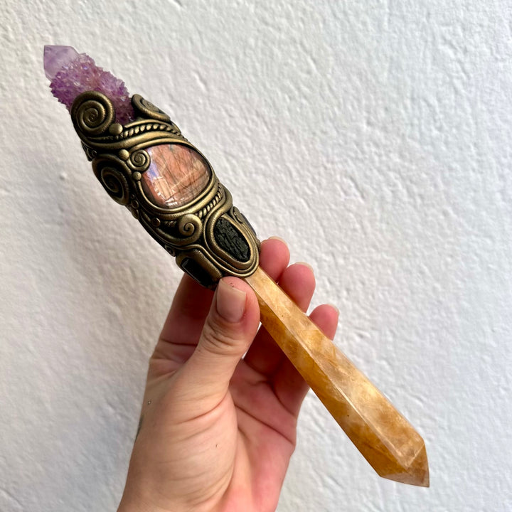 Handmade healing crystal wand with Golden Healer Quartz, Purple Spirit Quartz, Labradorite, Amethyst and Moldavite.
