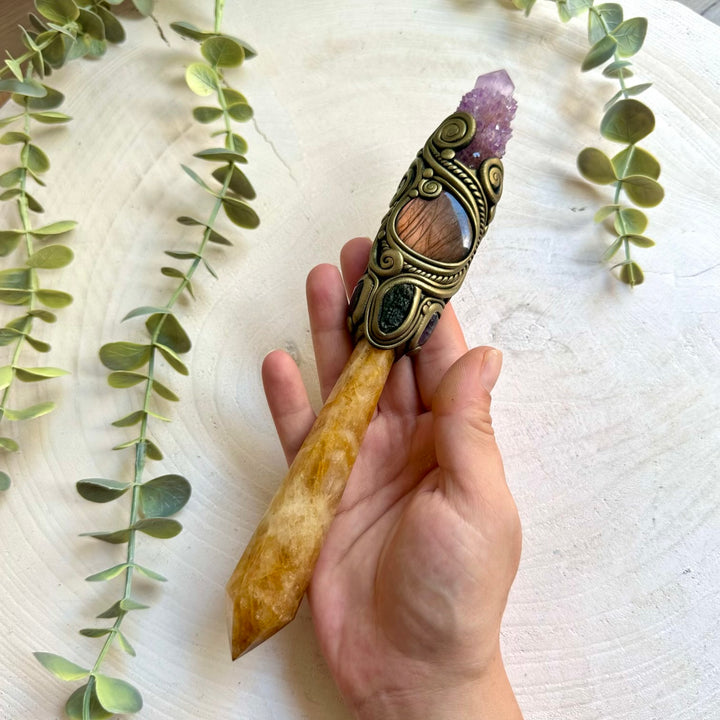 One of a kind crystal wand featuring Golden Healer Quartz and genuine natural healing crystals and stones.