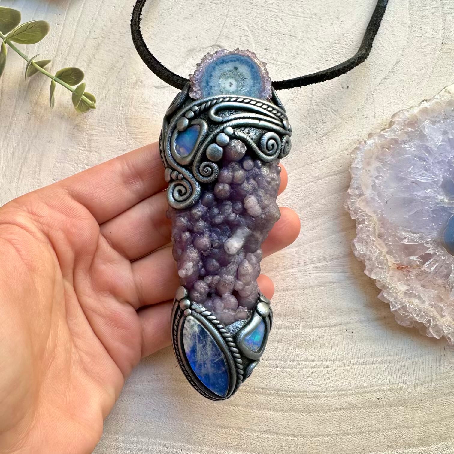 Crystal wand pendant with grape chalcedony and amethyst stalactite