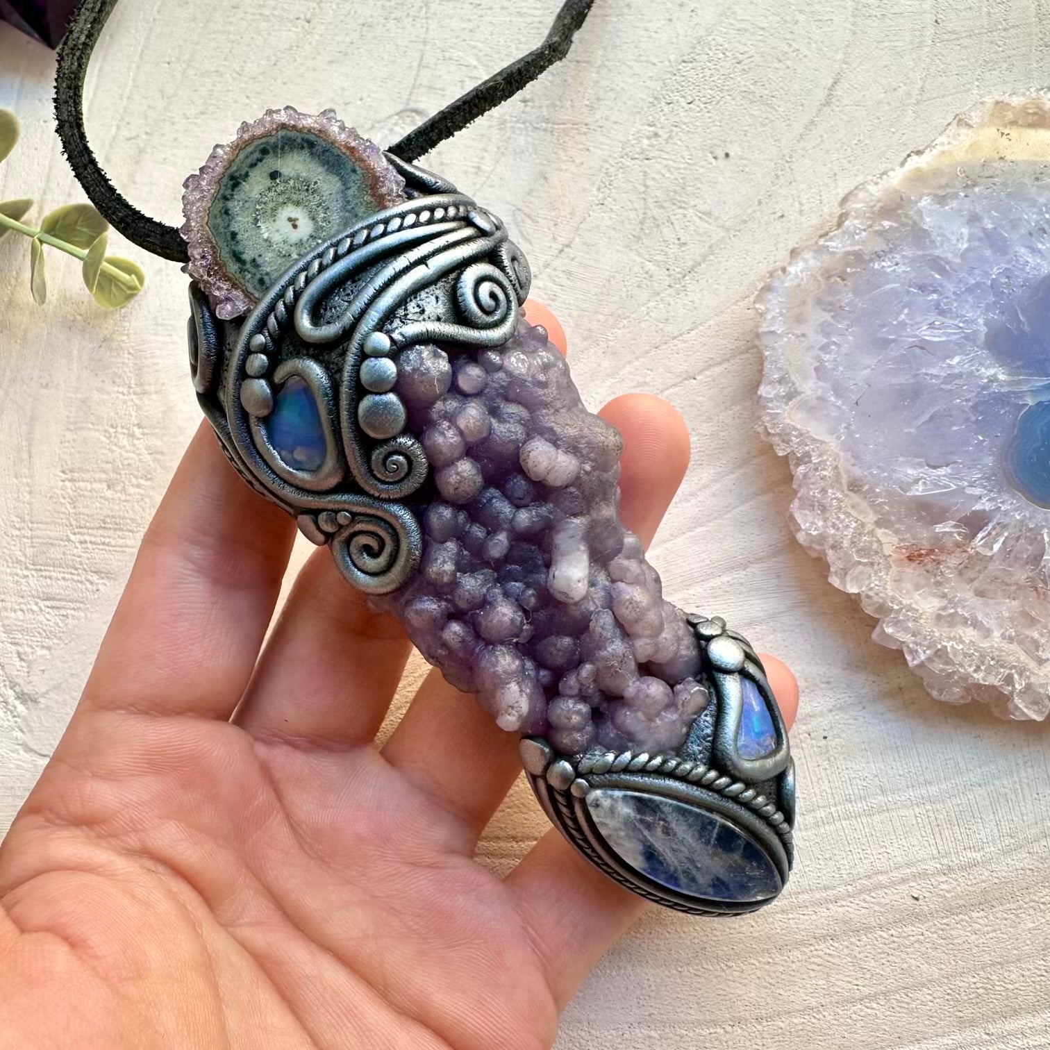 Healing crystal wand with amethyst stalactite and Ethiopian opal