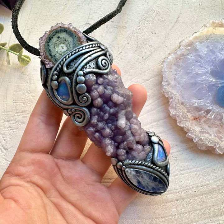 Healing crystal wand with amethyst stalactite and Ethiopian opal