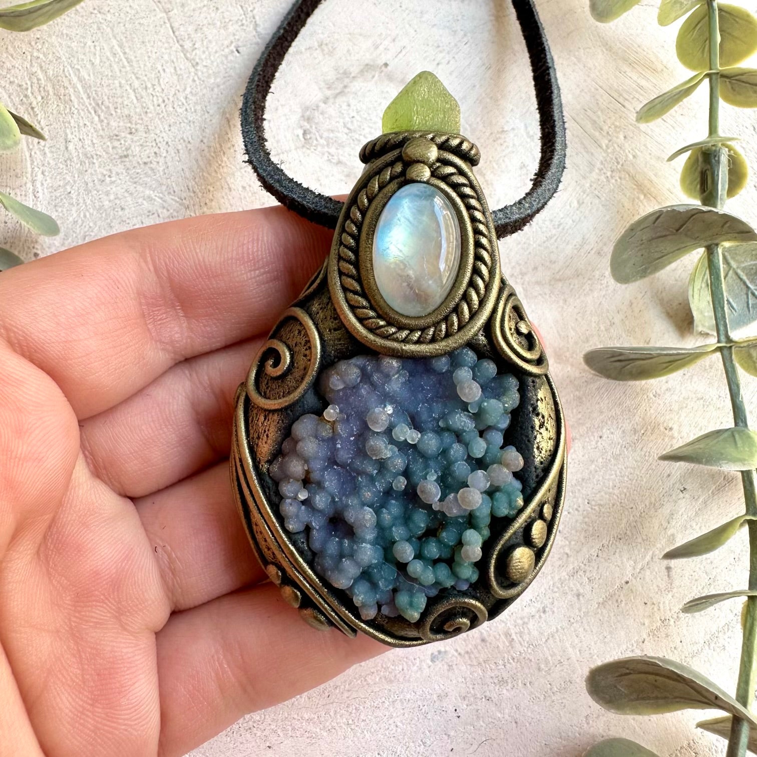 One of a kind gemstone necklace with unique Bi Color Grape Chalcedony and iridescent Rainbow Moonstone.