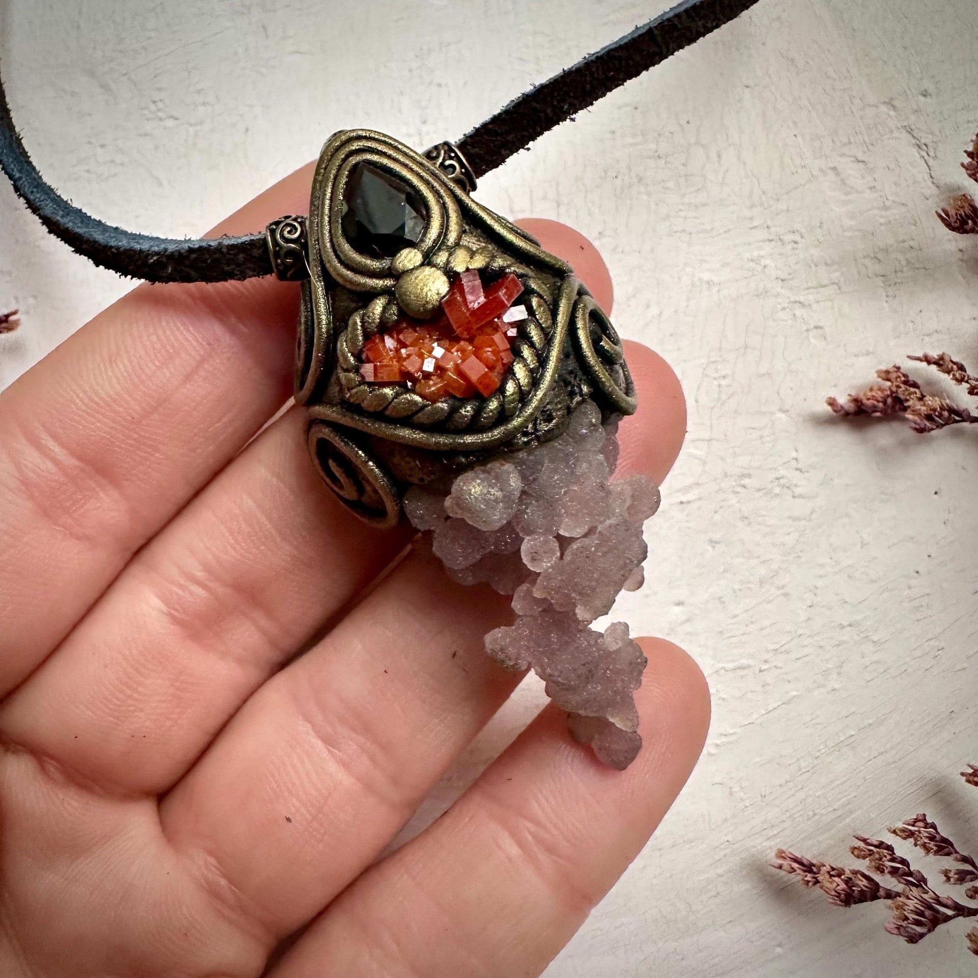 Grape Chalcedony Vanadinite and Smoky Quartz Pendant Necklace - FairyGardenGlow