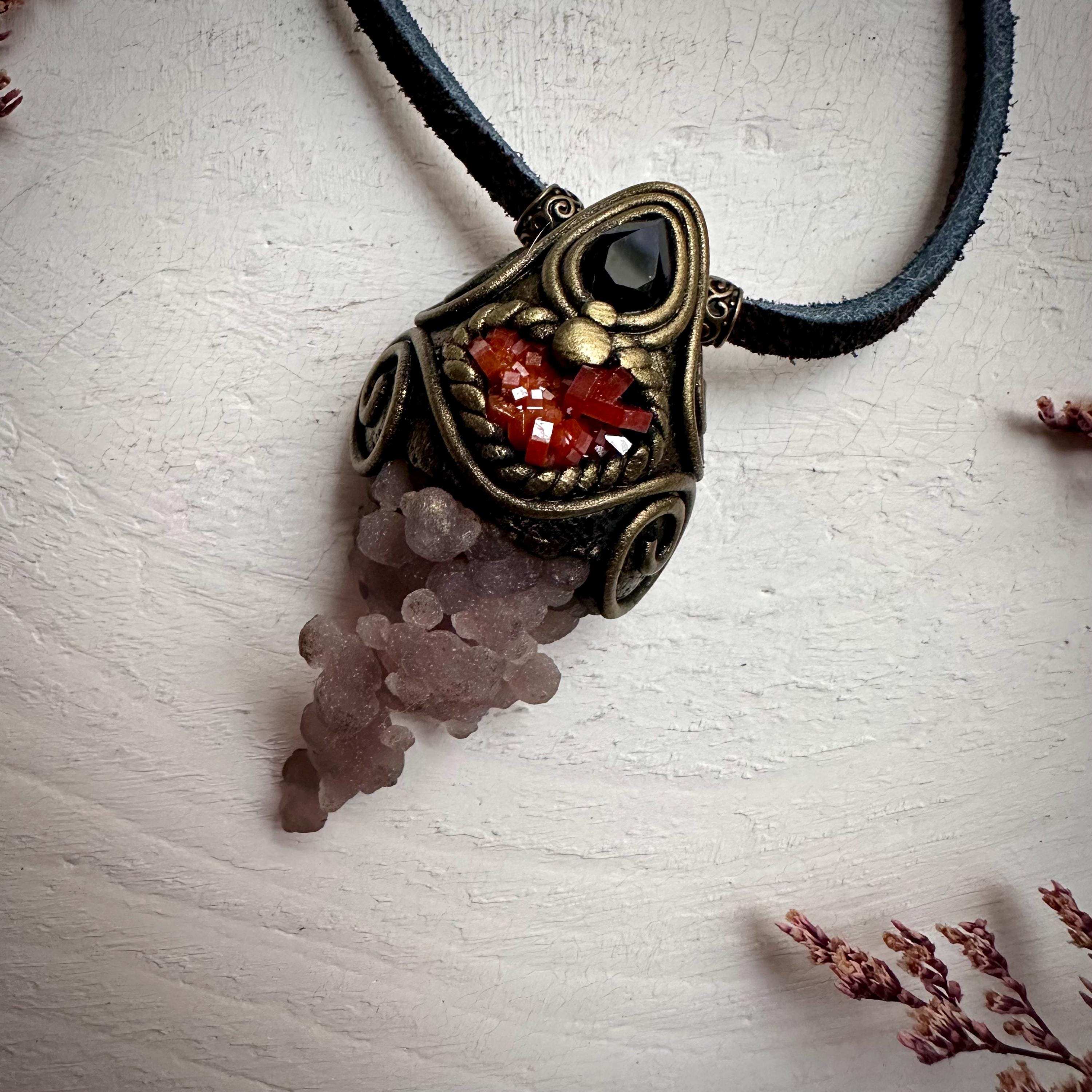 Grape Chalcedony Vanadinite and Smoky Quartz Pendant Necklace - FairyGardenGlow