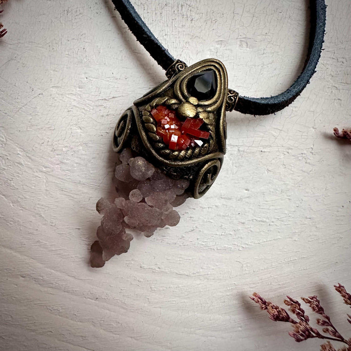 Grape Chalcedony Vanadinite and Smoky Quartz Pendant Necklace - FairyGardenGlow