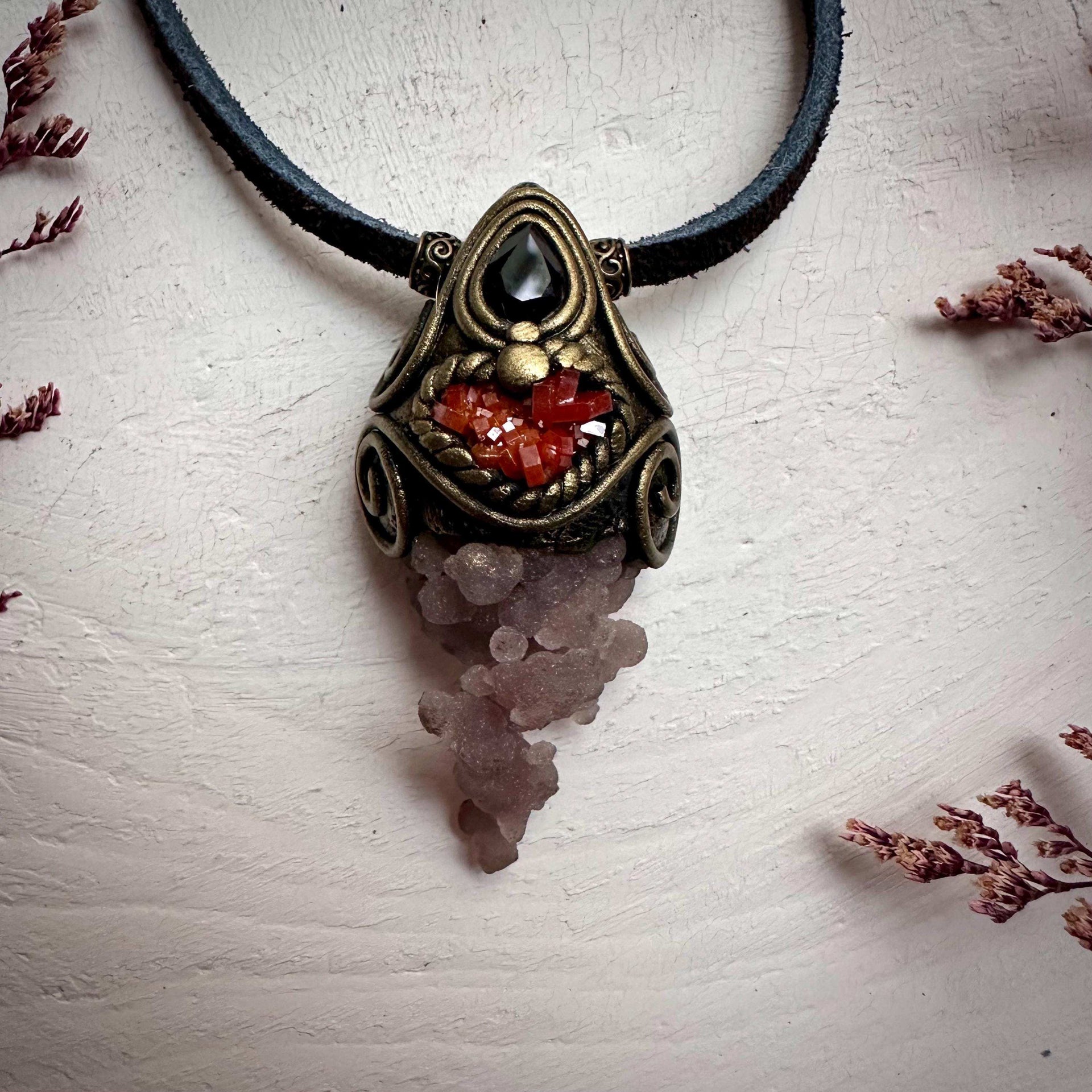 Grape Chalcedony Vanadinite and Smoky Quartz Pendant Necklace - FairyGardenGlow