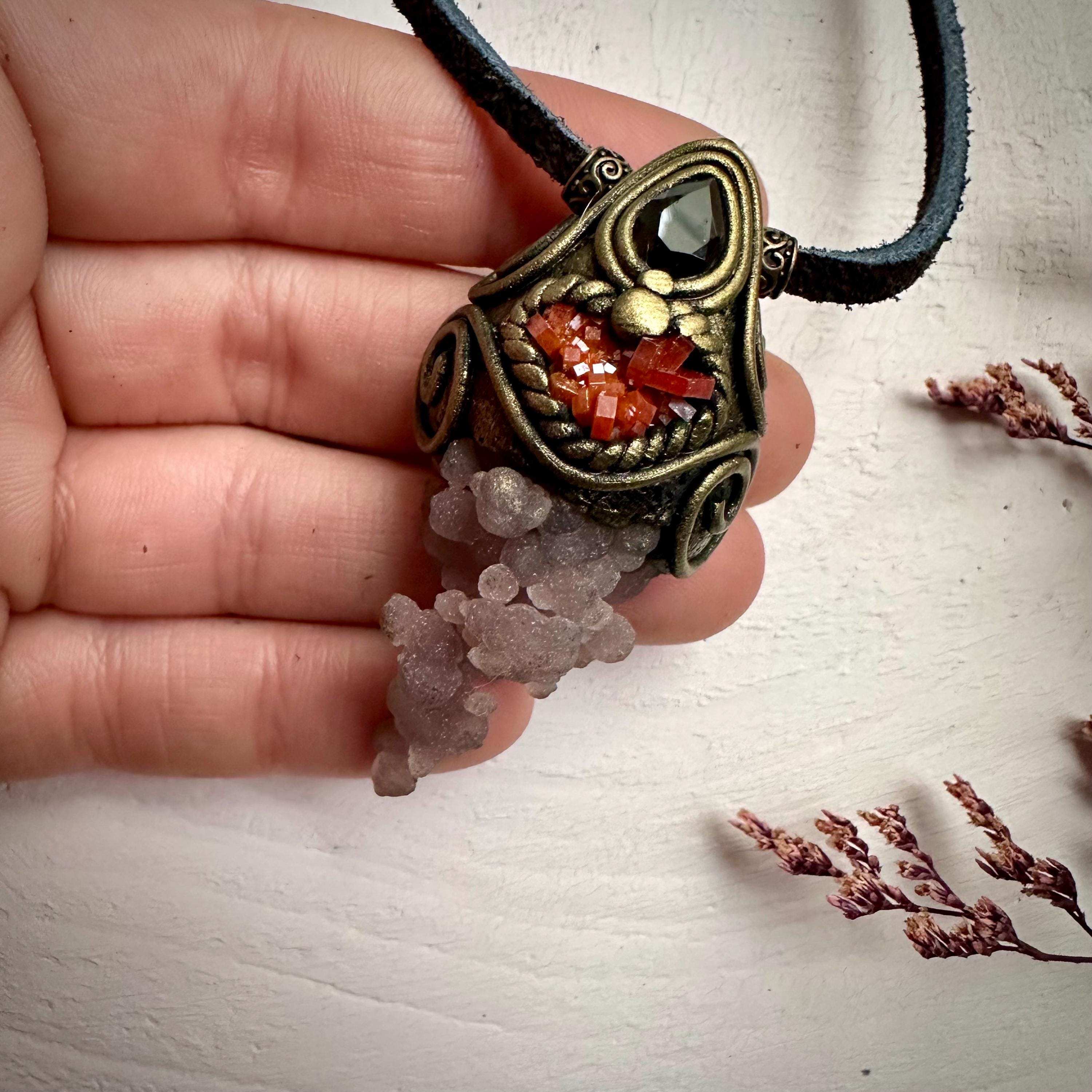 Grape Chalcedony Vanadinite and Smoky Quartz Pendant Necklace - FairyGardenGlow