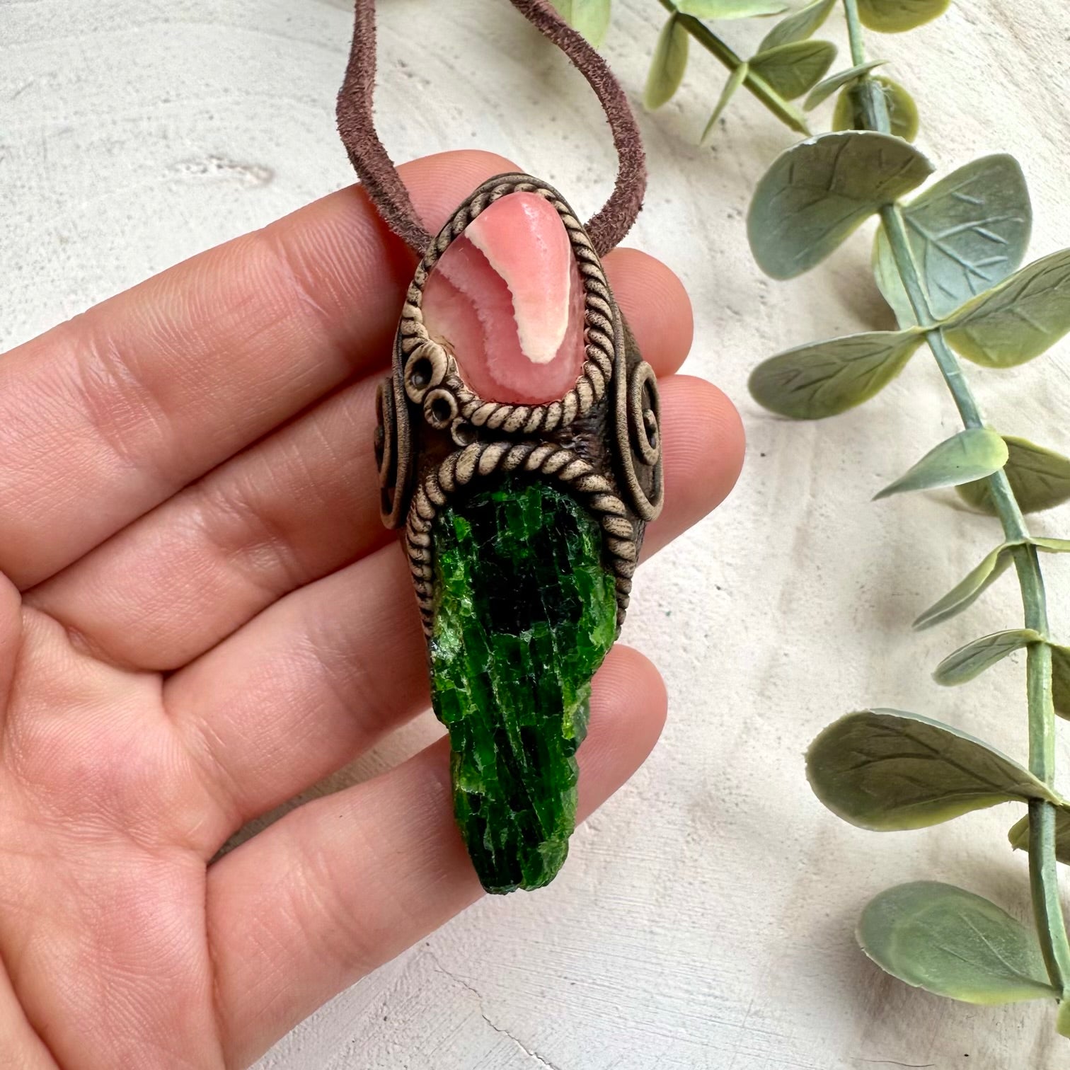 Chrome diopside paired with rhodochrosite in a necklace
