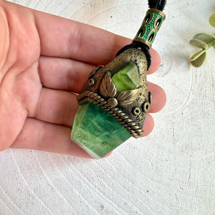 Handmade gemstone pendant combining Green Fluorite with natural Peridot.