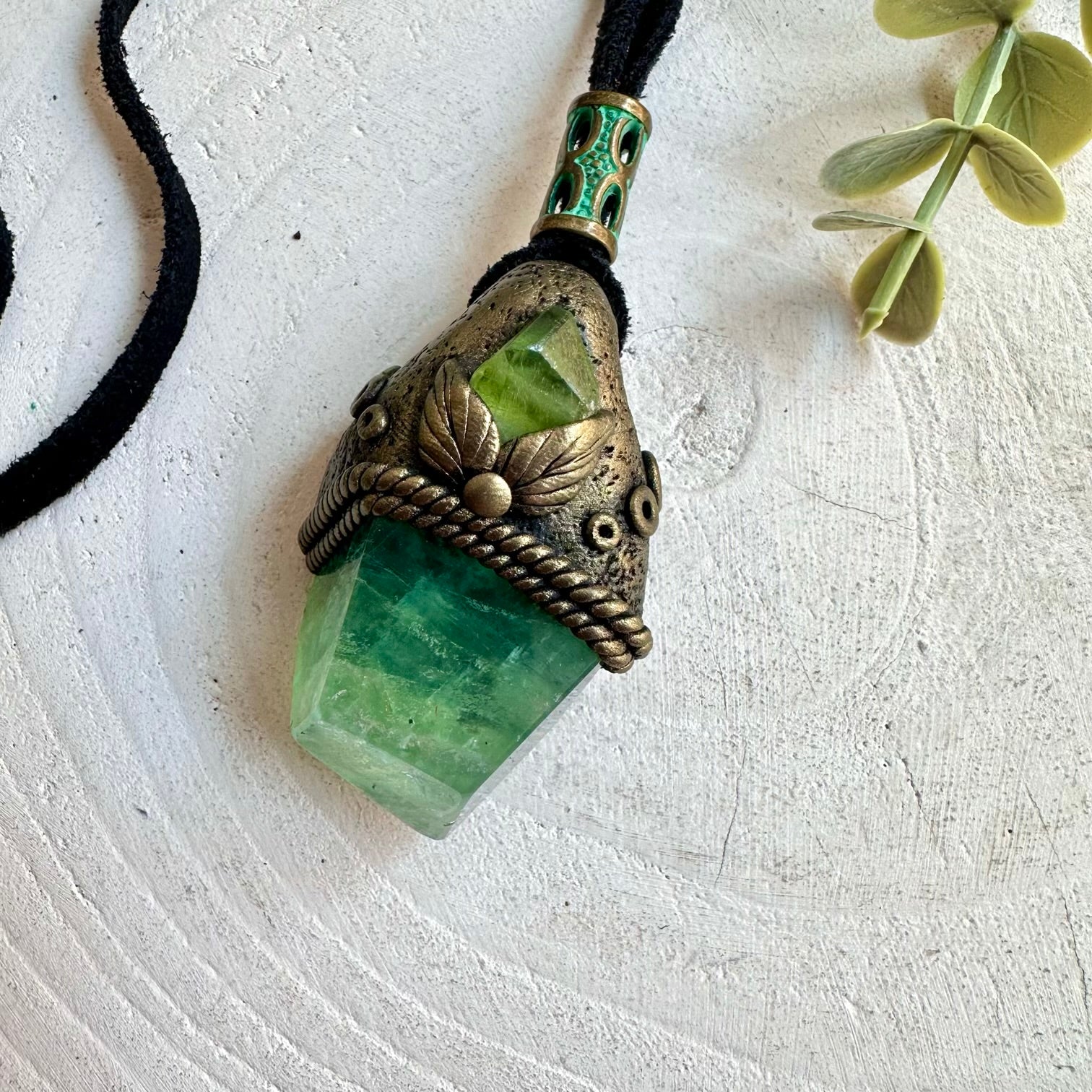 Green Fluorite and Peridot pendant necklace handcrafted as unisex healing energy jewelry.