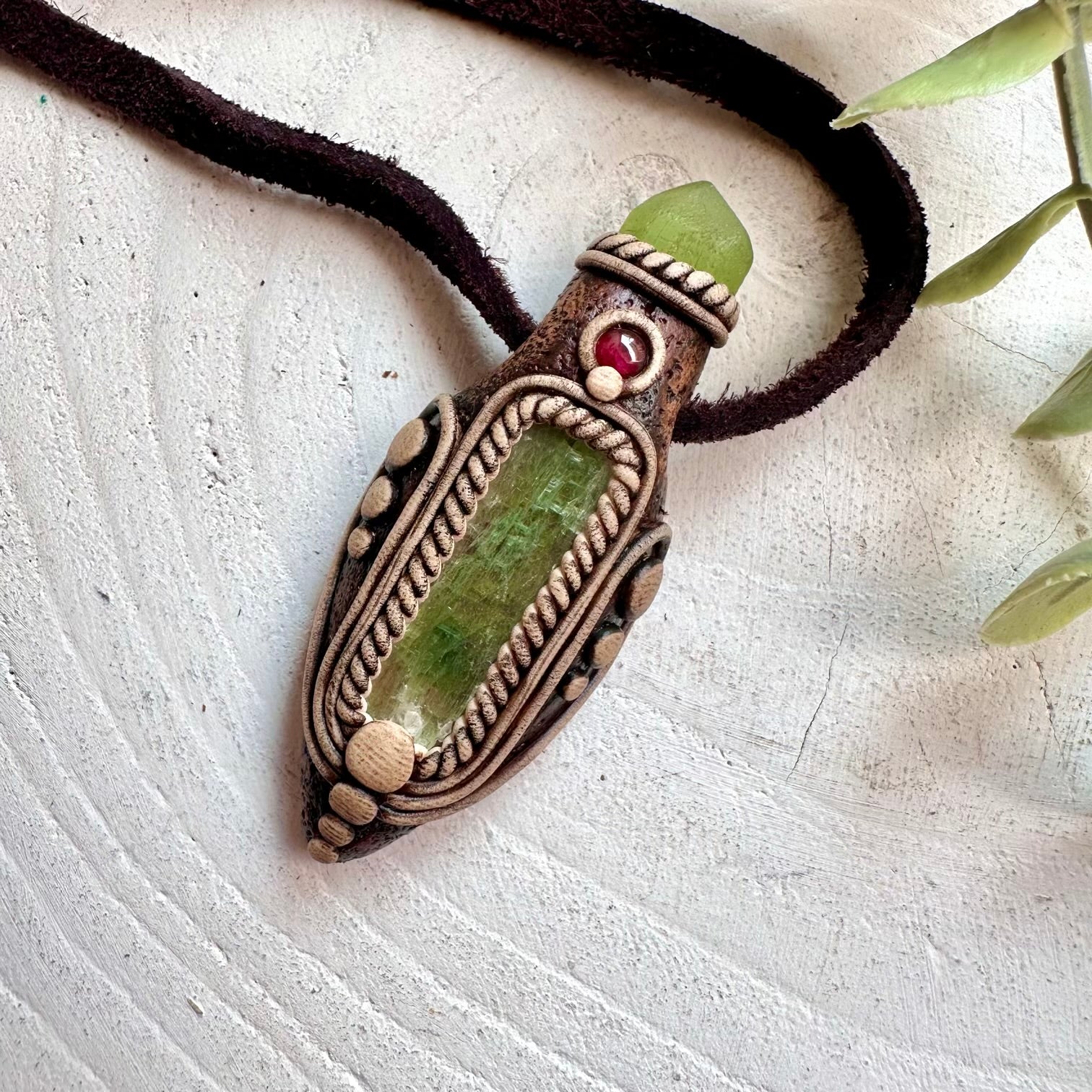 Green Kyanite Peridot and Rhodolite Garnet crystal talisman necklace handmade boho gemstone jewelry