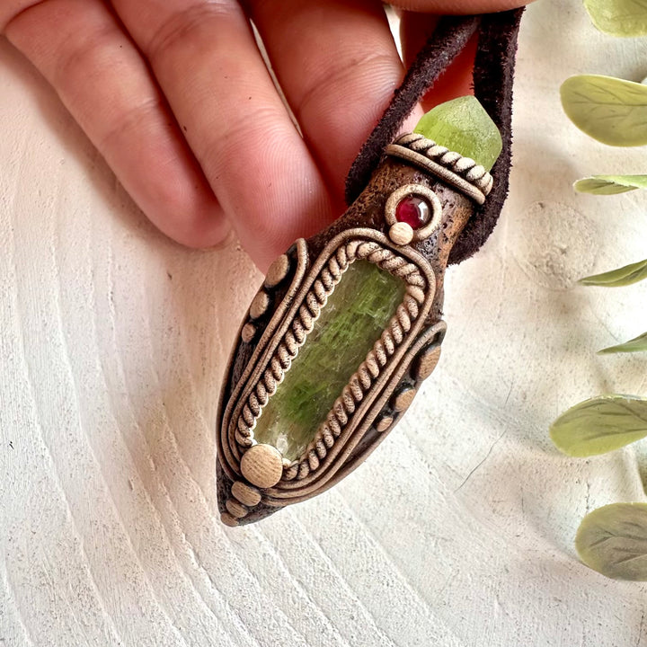 Unique healing crystal necklace with Green Kyanite, Peridot and Rhodolite Garnet natural gemstones