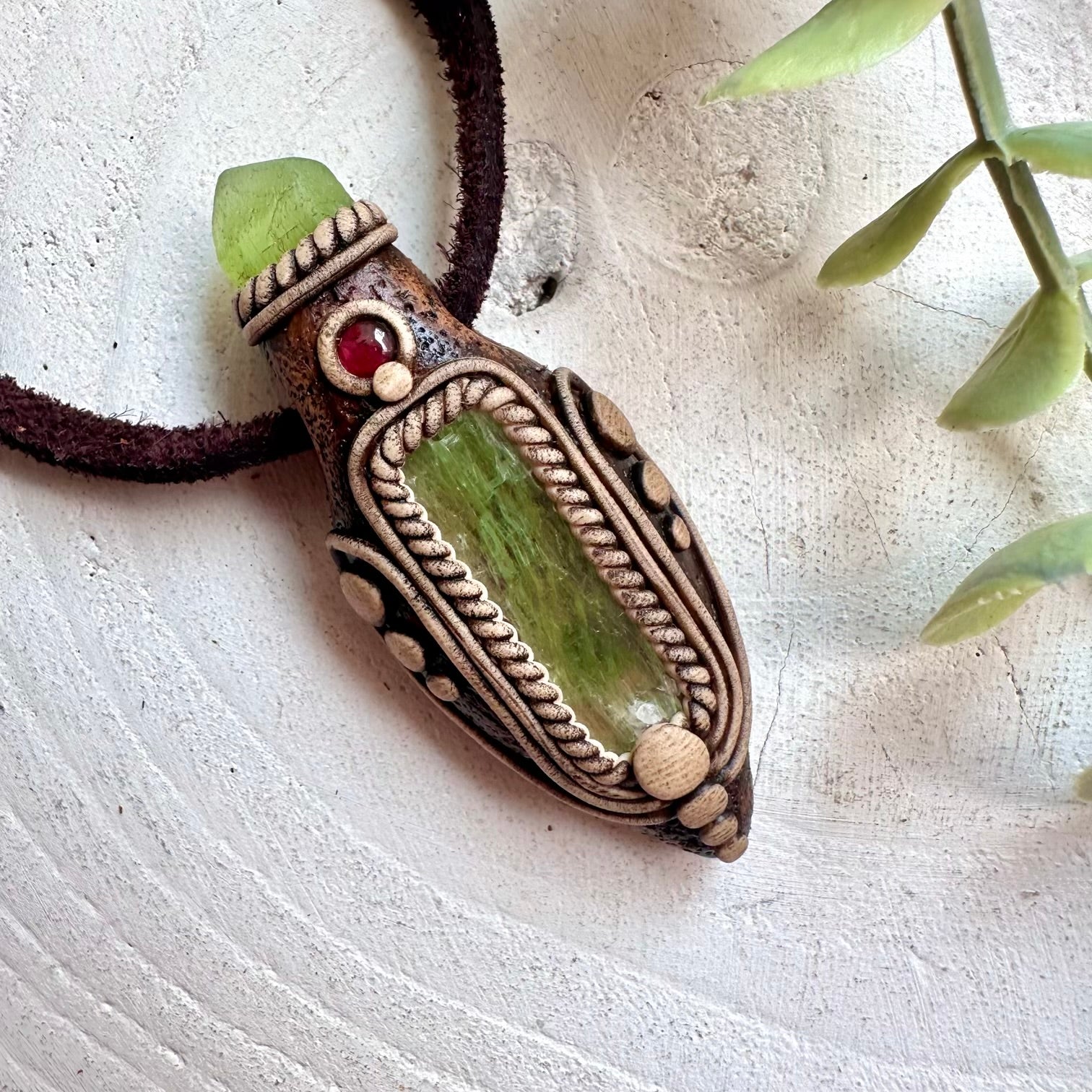 Handmade Green Kyanite with Peridot and Rhodolite Garnet pendant necklace featuring natural healing crystals