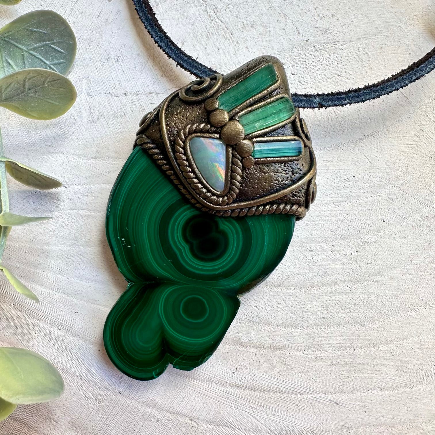Handmade necklace with malachite stalactite slice and tourmaline
