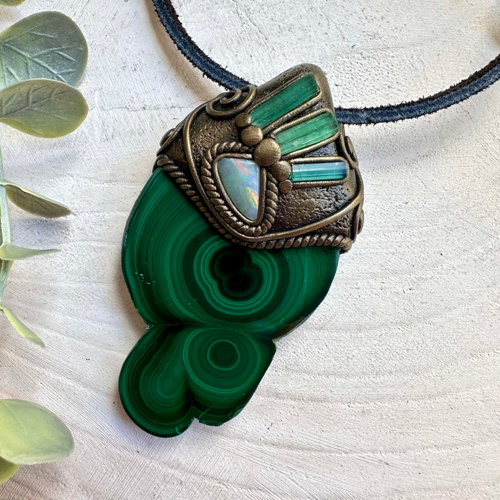 Handmade necklace with malachite stalactite slice and tourmaline