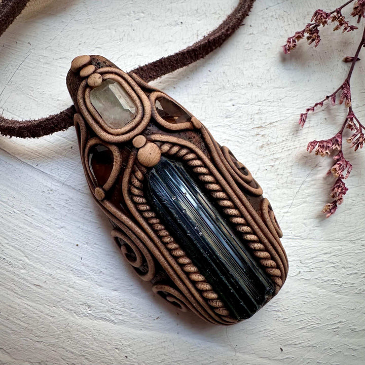 Green Tourmaline Aquamarine and Smoky Quartz Necklace - FairyGardenGlow