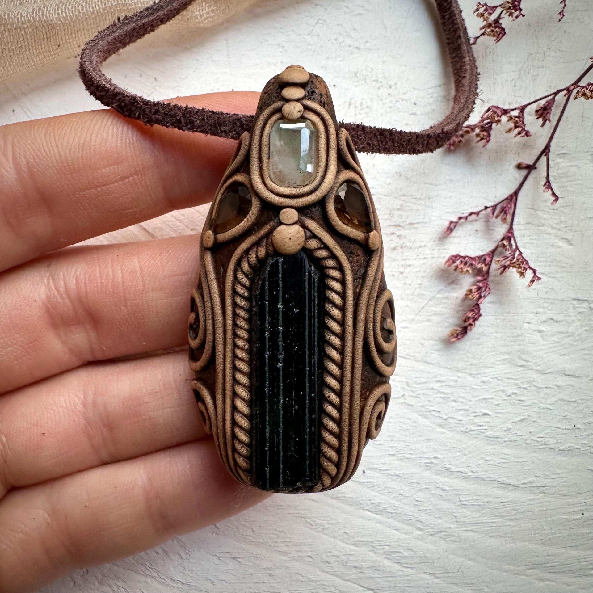 Green Tourmaline Aquamarine and Smoky Quartz Necklace - FairyGardenGlow