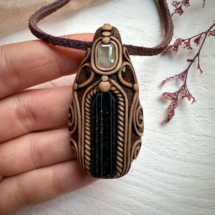 Green Tourmaline Aquamarine and Smoky Quartz Necklace - FairyGardenGlow