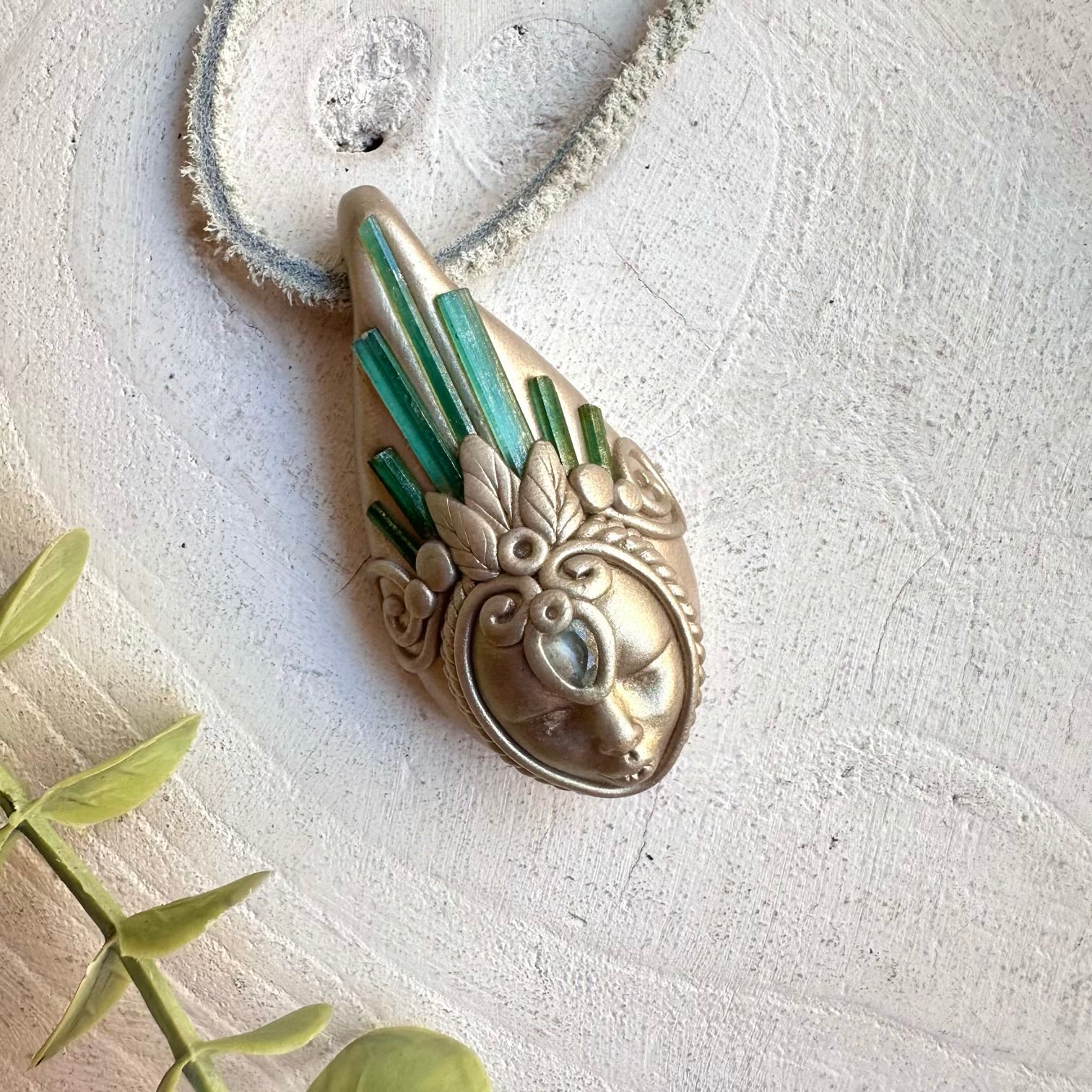 Healing crystal necklace fantasy jewelry green tourmaline blue topaz pendant