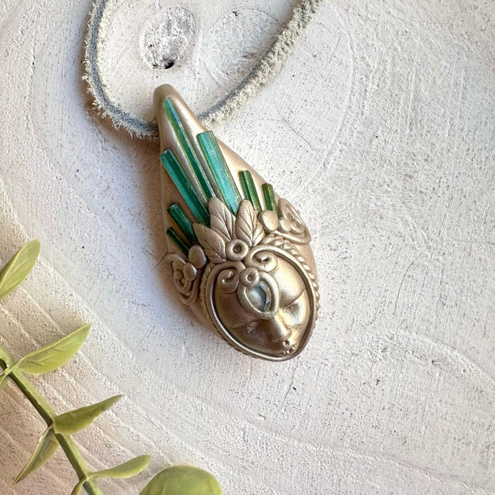 Healing crystal necklace fantasy jewelry green tourmaline blue topaz pendant