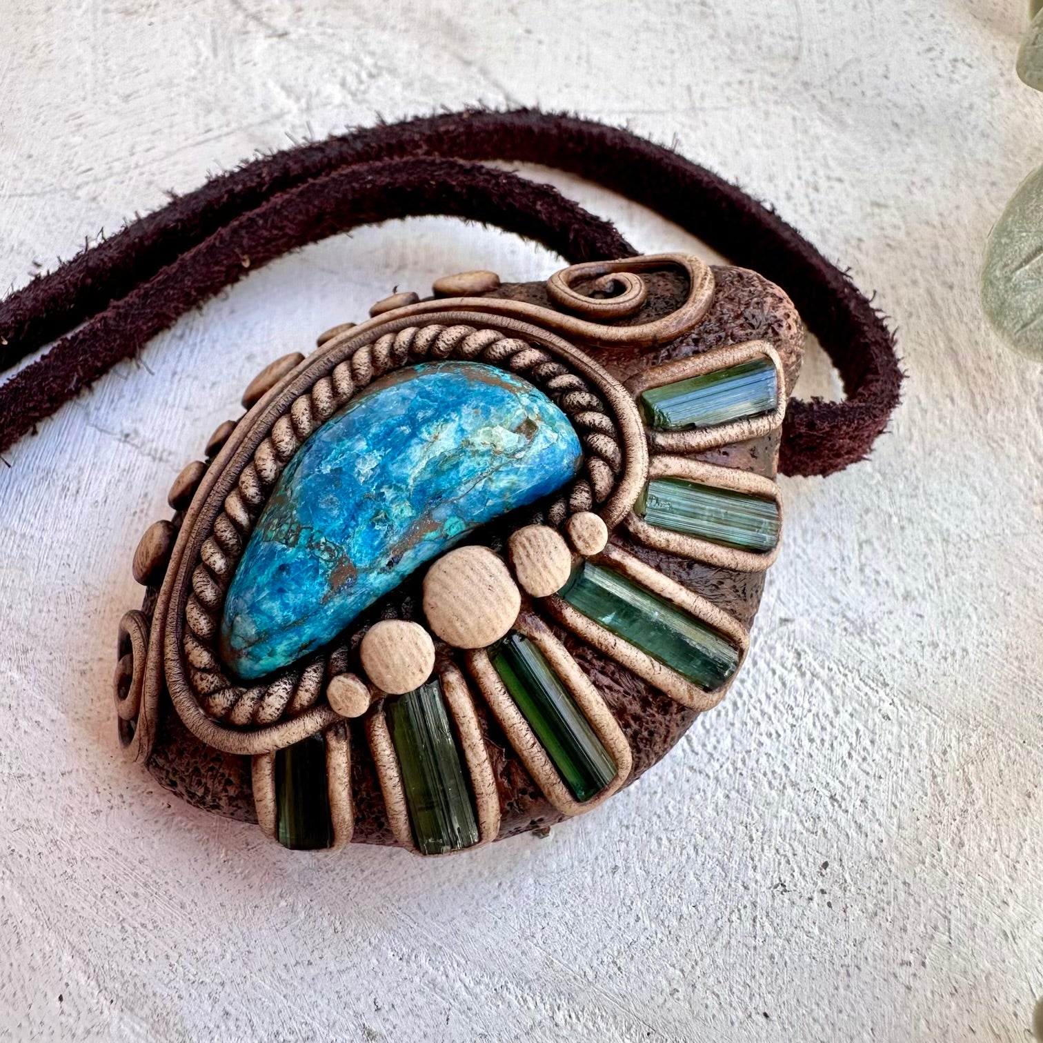Handmade spiritual jewelry with Chrysocolla and Tourmaline crystals