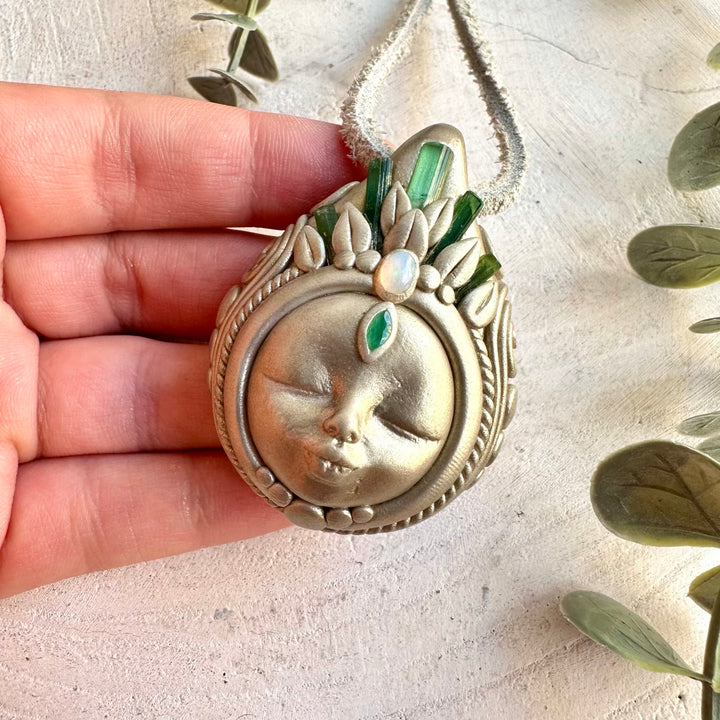 Handmade Goddess necklace featuring Green Tourmaline, Ethiopian Opal and Emerald gemstones.