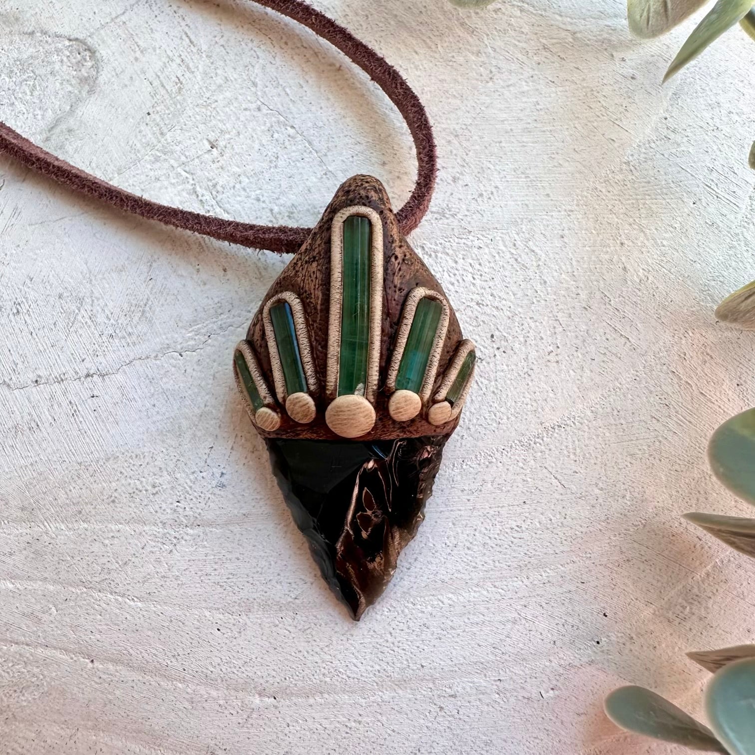 Protection amulet necklace featuring Black Obsidian and Green Tourmaline