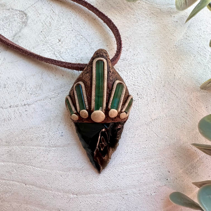 Protection amulet necklace featuring Black Obsidian and Green Tourmaline