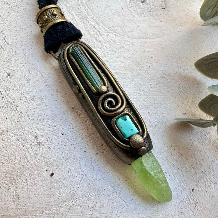 Unisex Gemstone Pendant Necklace – Peridot, Green Tourmaline & Turquoise Healing Crystal Jewelry