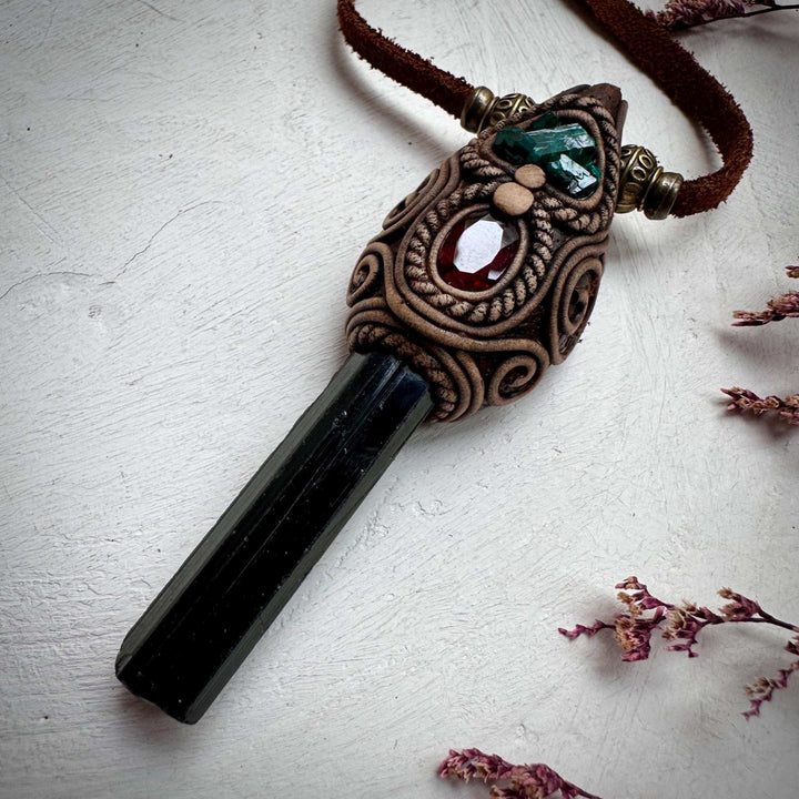 Green Tourmaline Red Garnet and Dioptase Necklace - FairyGardenGlow