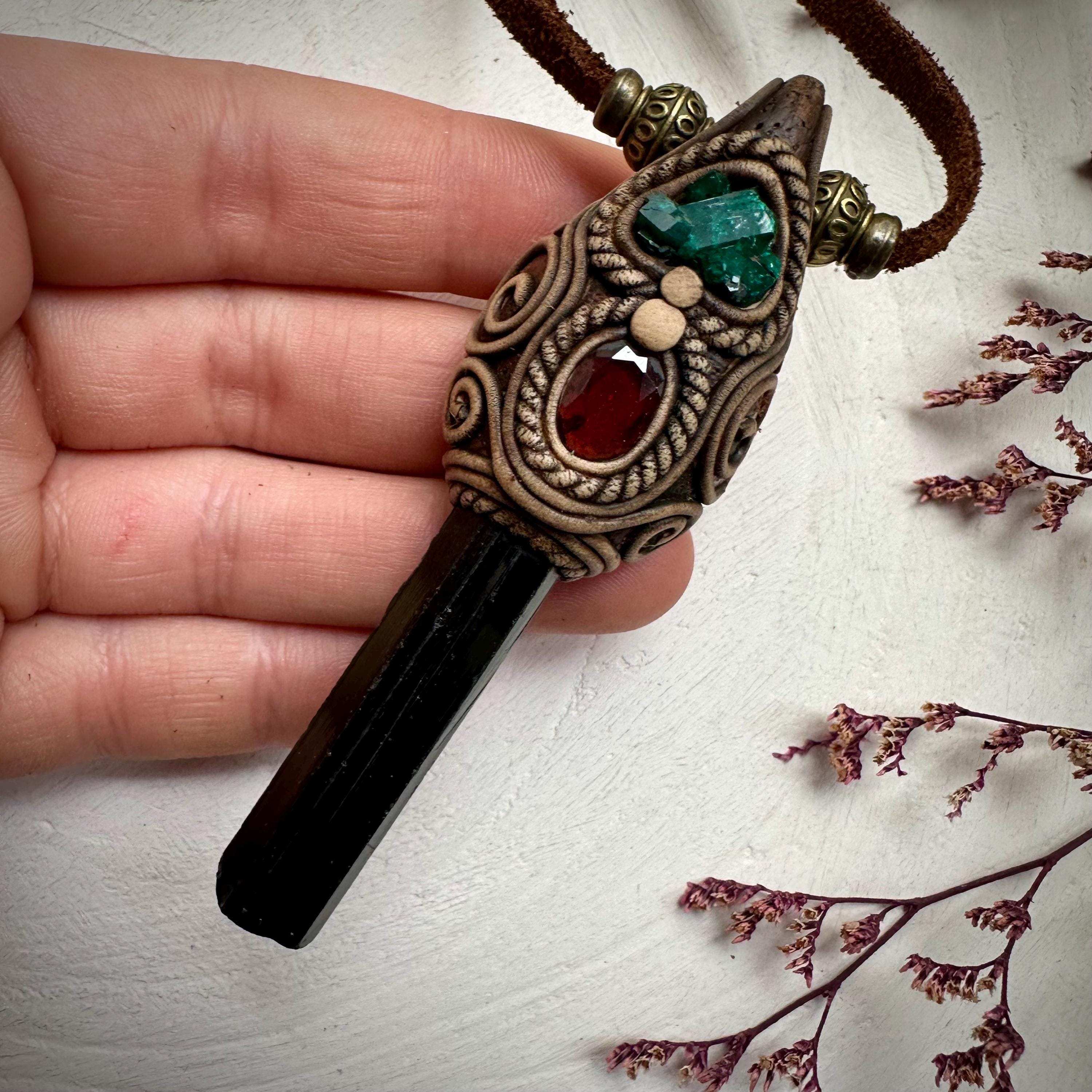 Green Tourmaline Red Garnet and Dioptase Necklace - FairyGardenGlow