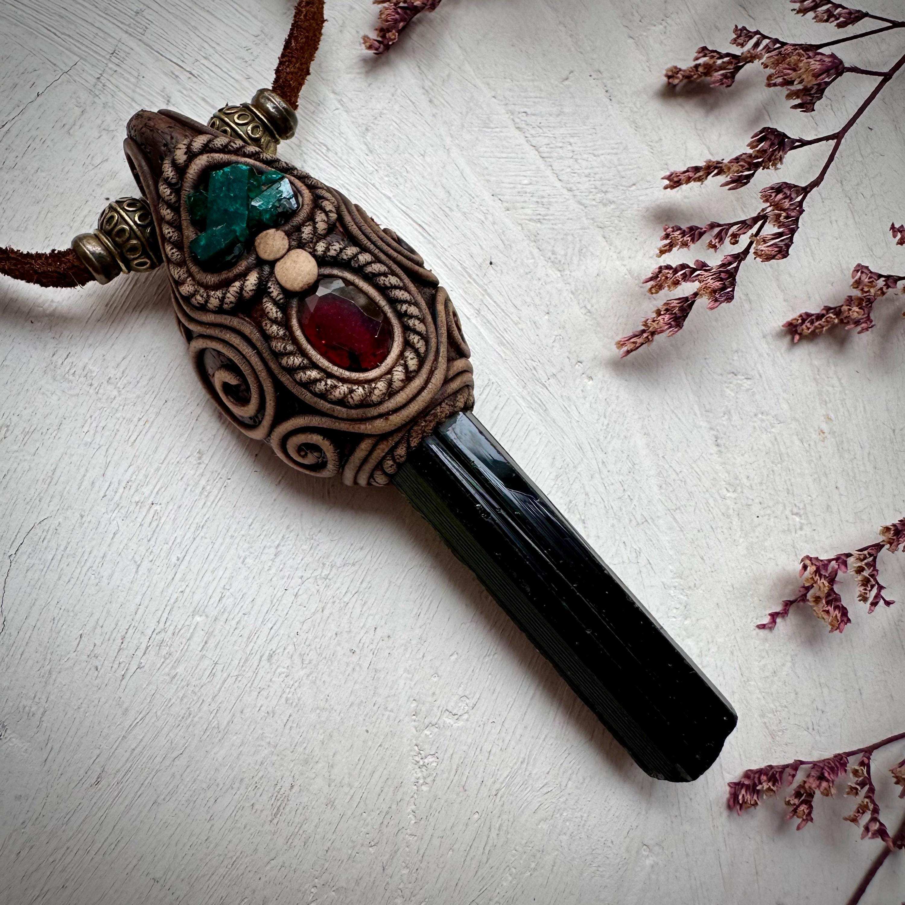 Green Tourmaline Red Garnet and Dioptase Necklace - FairyGardenGlow