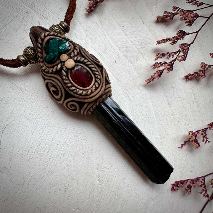 Green Tourmaline Red Garnet and Dioptase Necklace - FairyGardenGlow