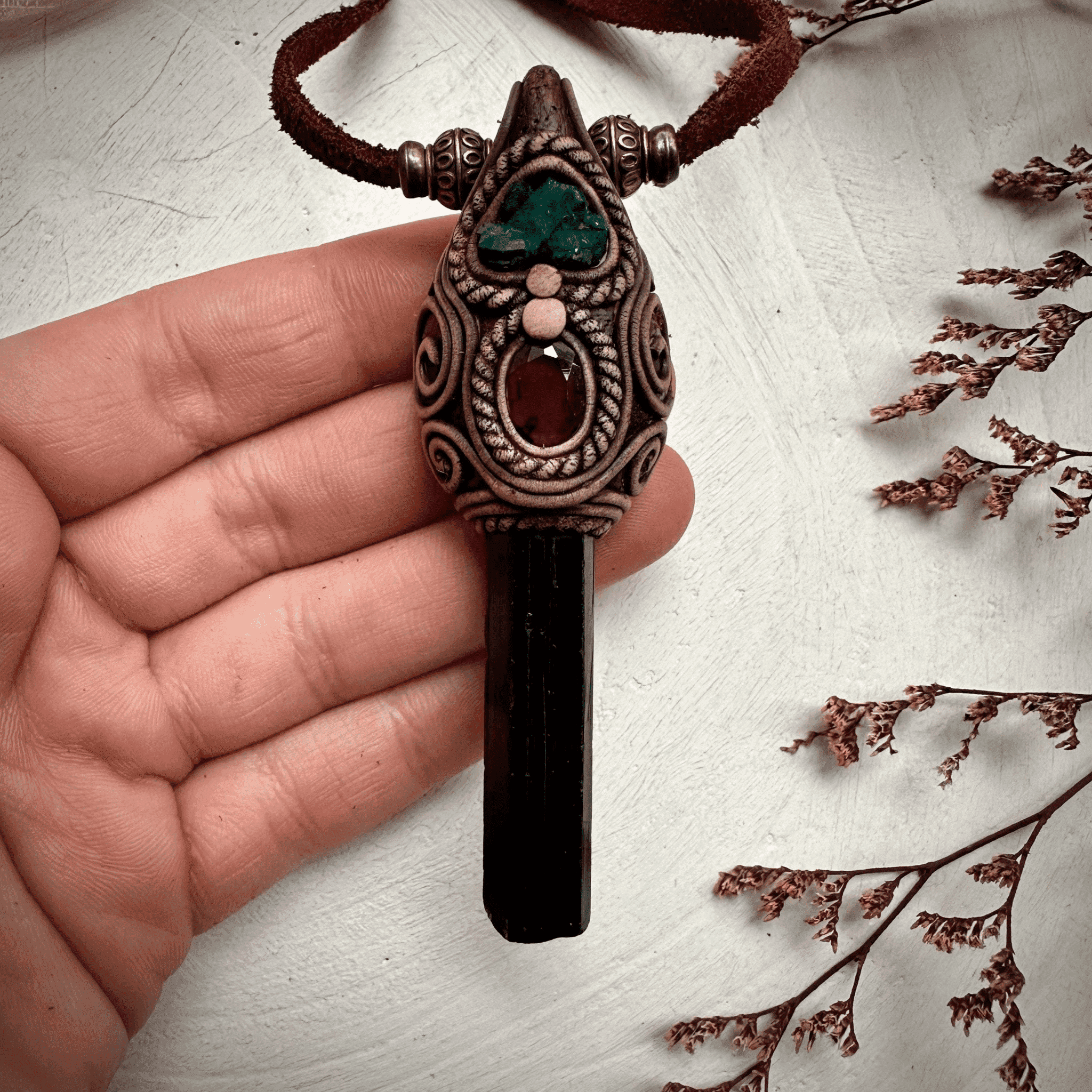 Green Tourmaline Red Garnet and Dioptase Necklace - FairyGardenGlow