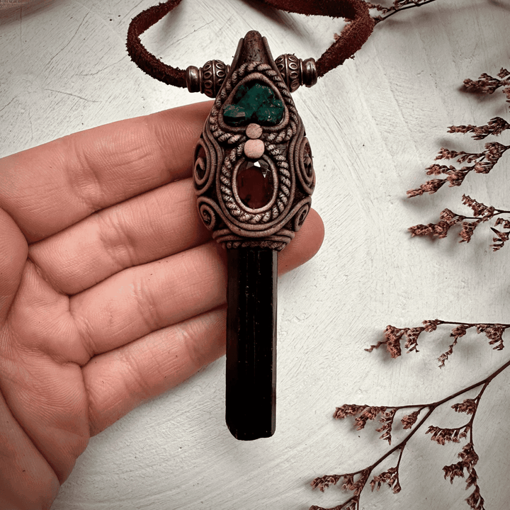 Green Tourmaline Red Garnet and Dioptase Necklace - FairyGardenGlow