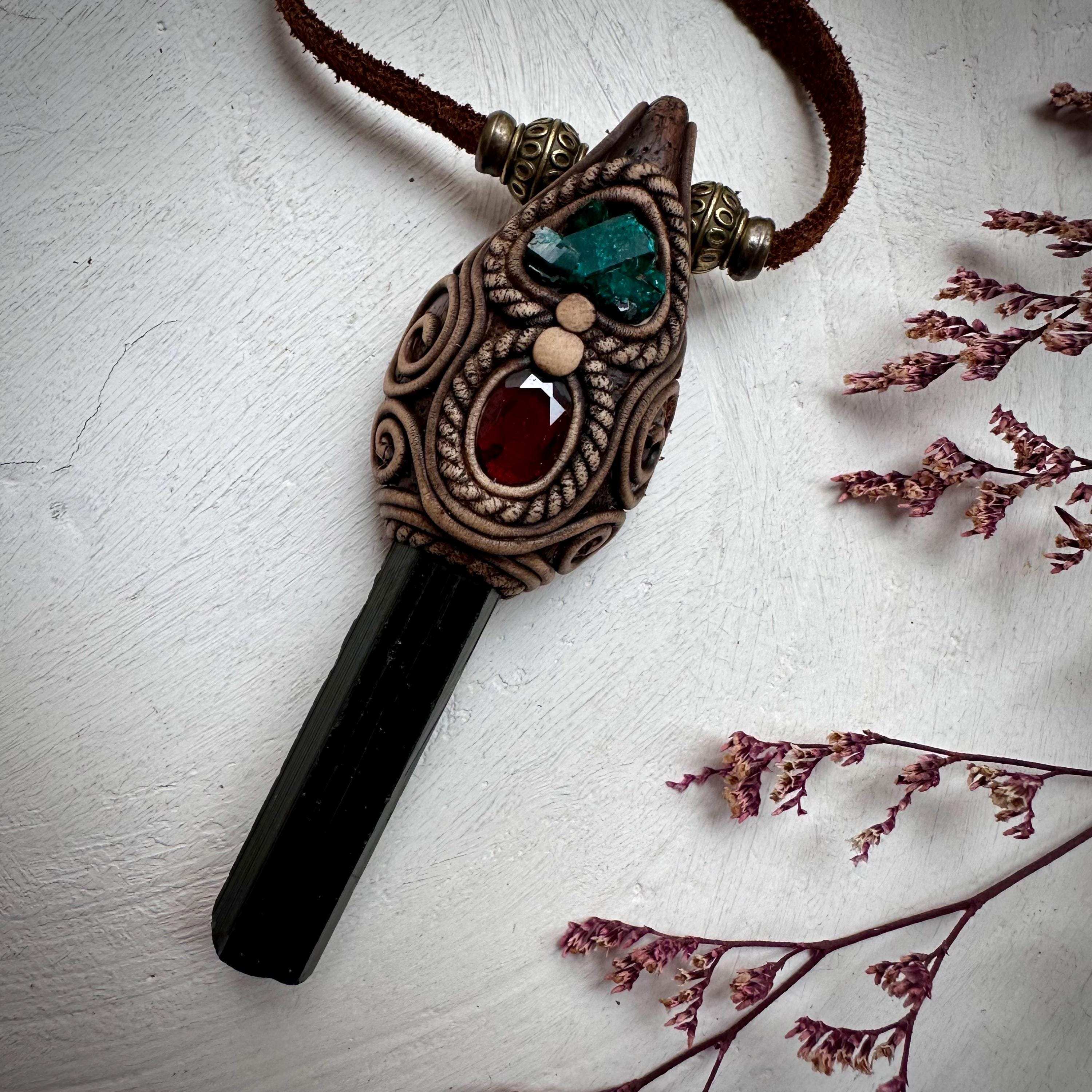 Green Tourmaline Red Garnet and Dioptase Necklace - FairyGardenGlow