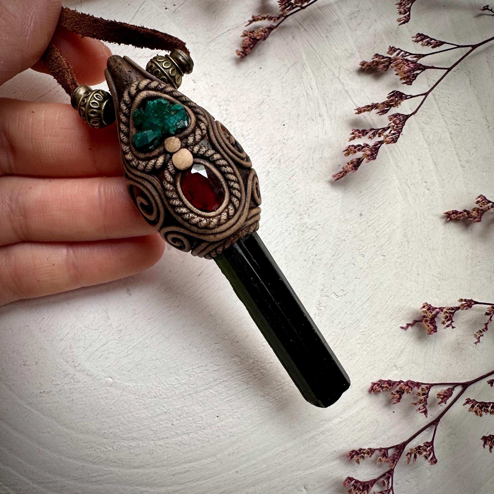 Green Tourmaline Red Garnet and Dioptase Necklace - FairyGardenGlow