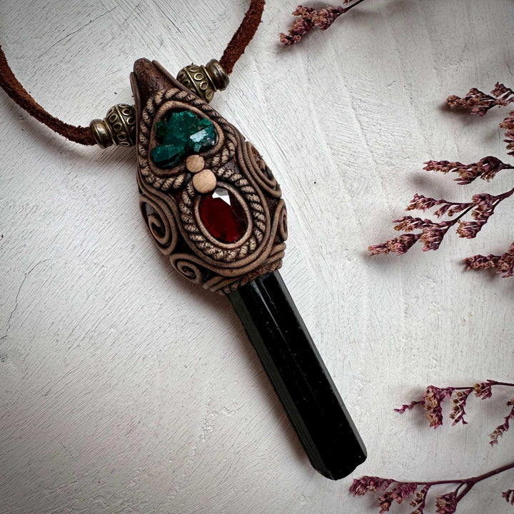 Green Tourmaline Red Garnet and Dioptase Necklace - FairyGardenGlow