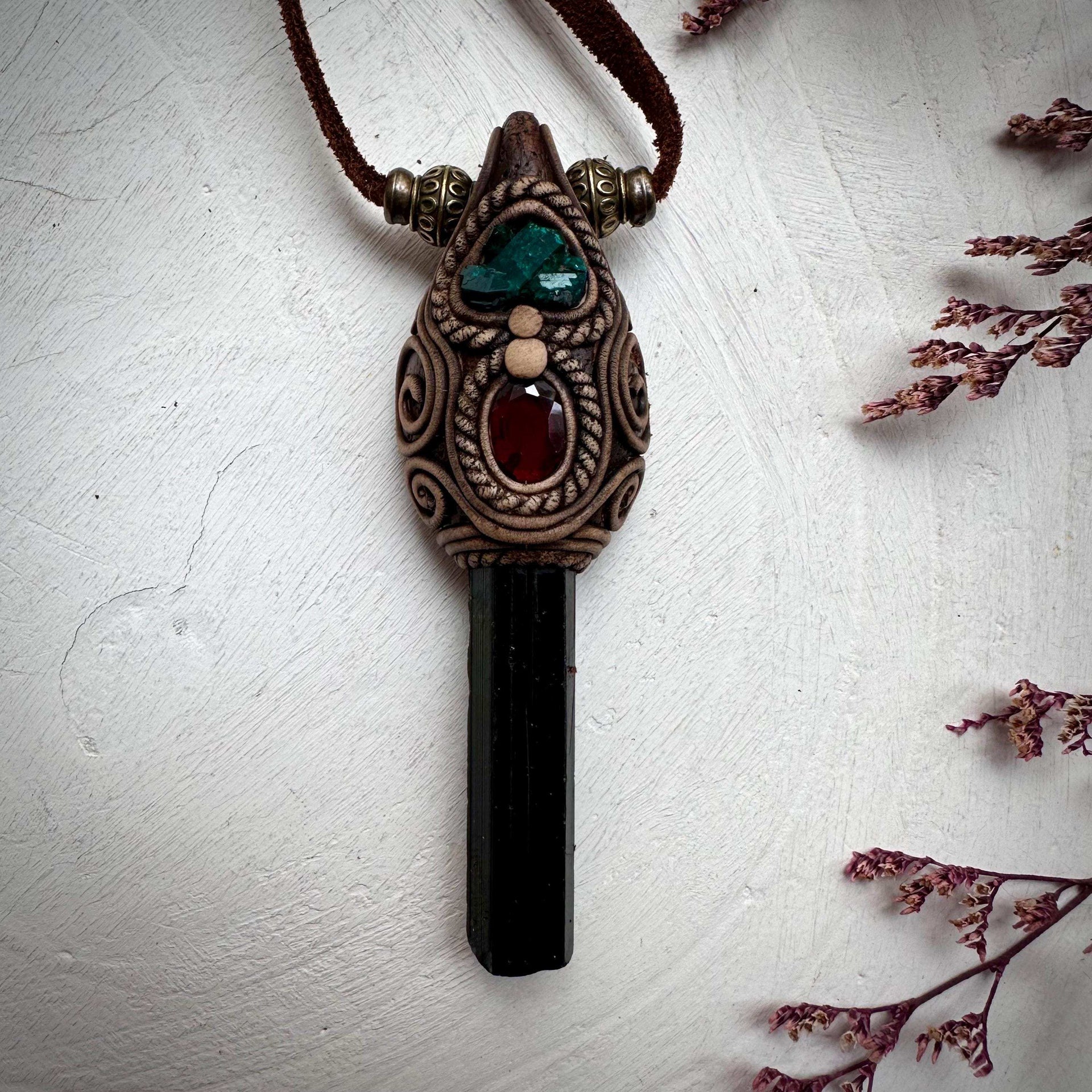 Green Tourmaline Red Garnet and Dioptase Necklace - FairyGardenGlow