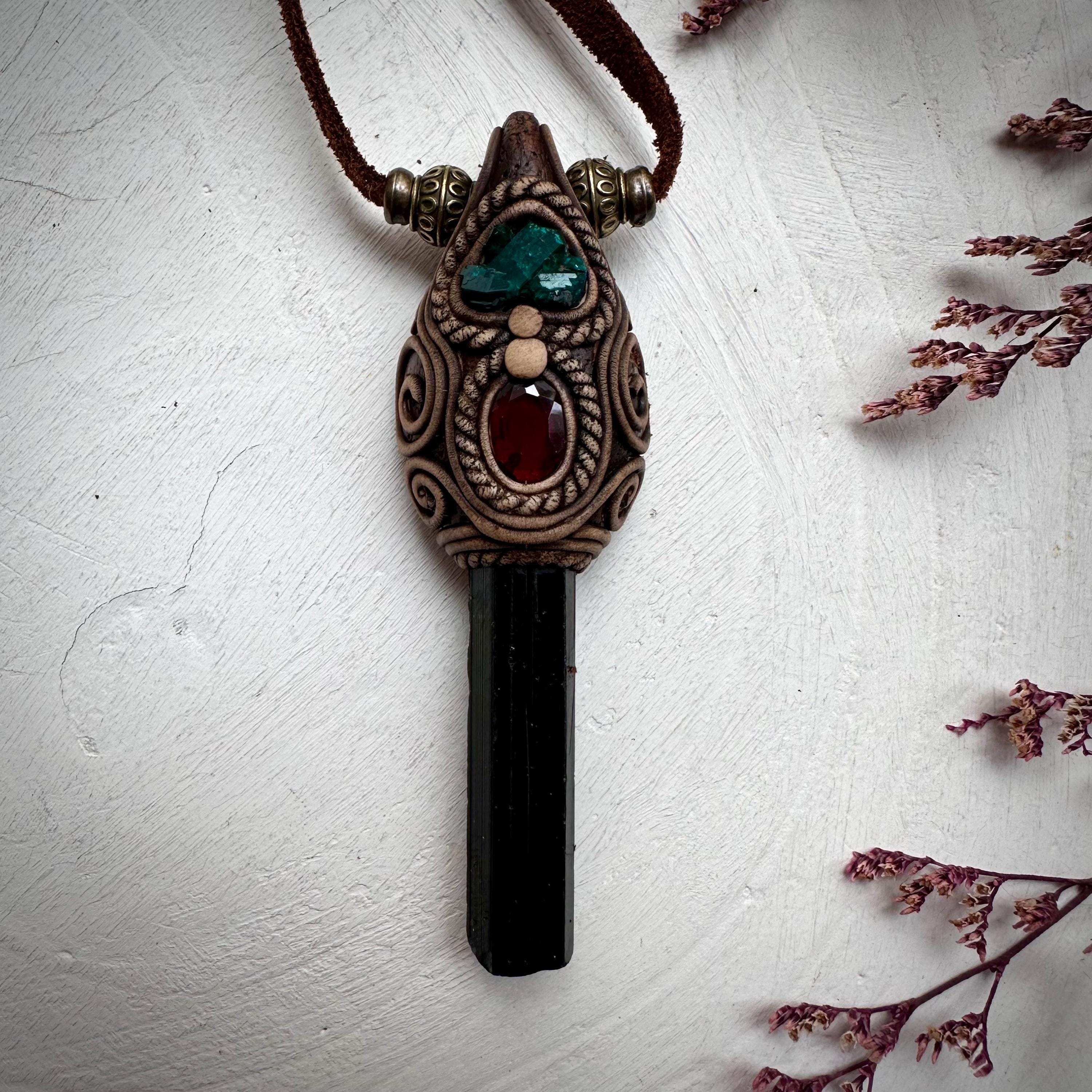 Green Tourmaline Red Garnet and Dioptase Necklace - FairyGardenGlow
