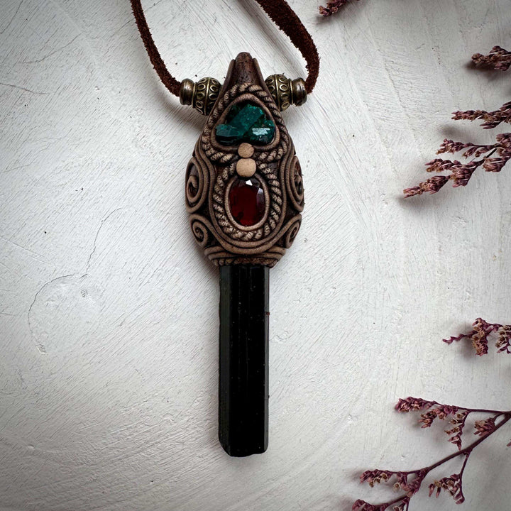 Green Tourmaline Red Garnet and Dioptase Necklace - FairyGardenGlow