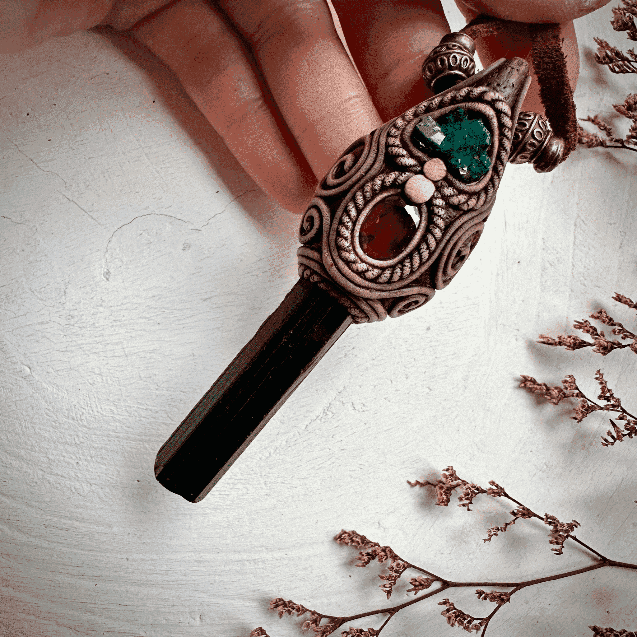 Green Tourmaline Red Garnet and Dioptase Necklace - FairyGardenGlow