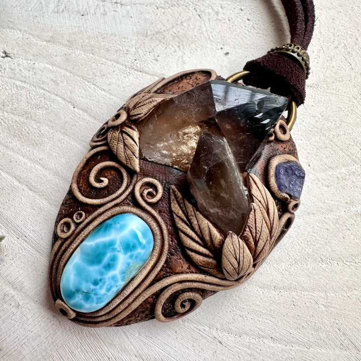 Energy pendant with smoky quartz and tanzanite crystals