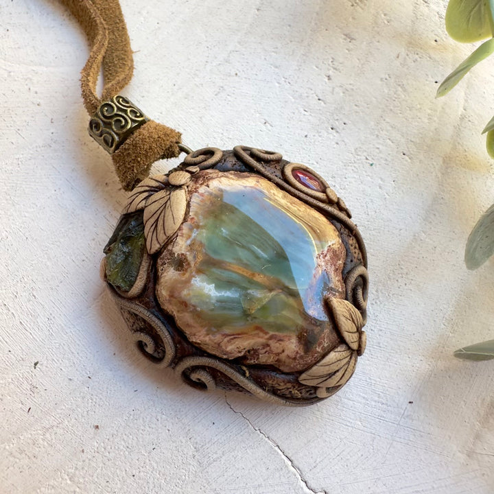 Natural petrified wood stone necklace designed for grounding and transformation